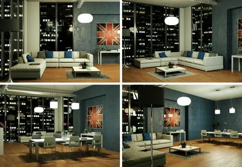 Four views of modern interior loft design Stock Illustration