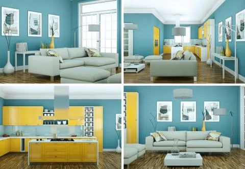 Four views of modern interior loft design Stock Illustration