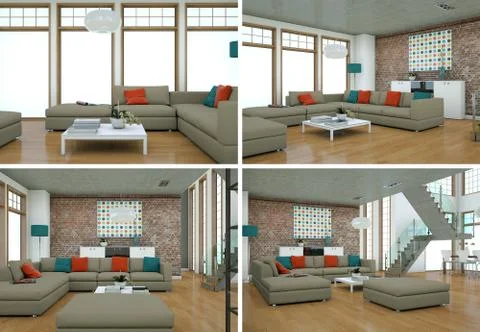 Four views of modern interior loft design Stock Illustration