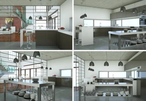 Four views of modern interior loft design Stock Illustration