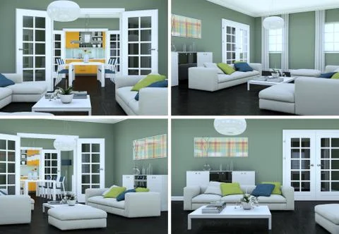 Four views of modern interior loft design Stock Illustration