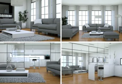 Four views of modern interior loft design Stock Illustration