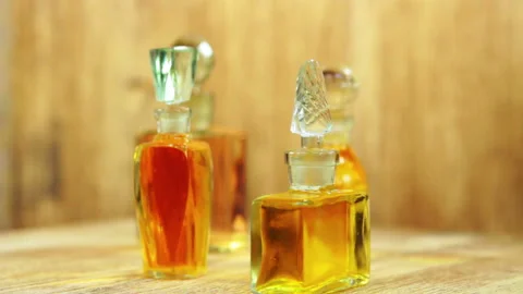 Four vintage perfume with the glass stoppers Stock Footage