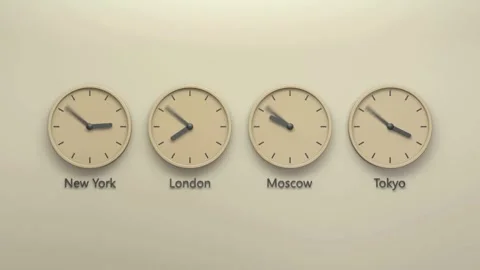 Four wall clocks show world times in time lapse Stock Footage 333875882