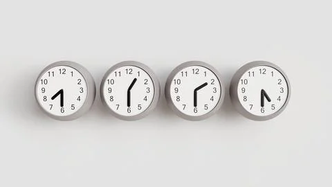 Four wall clocks with time around the world on a white wall, clocks Stock-Illustration