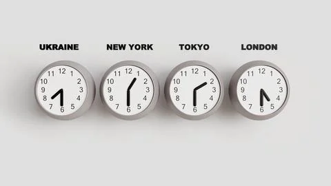 Four wall clocks with time around the world on a white wall, clocks showing.. Stock-Illustration