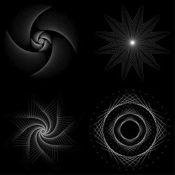 Four white dynamic geometry shapes on black background Stock Illustration