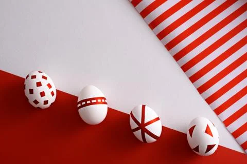 Four white Easter eggs in row decorated with red geometric stripes on red and Stock Photos