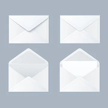 Four white envelopes arranged in various positions on a gray background Illustrazione stock