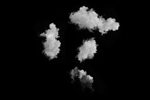 Four white fluffy clouds isolated on solid black background for design Stock Photos