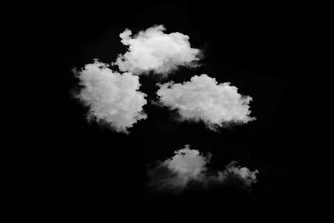 Four white fluffy clouds isolated on solid black background for design Stock Photos