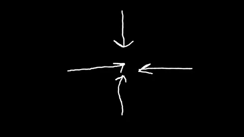 Four white hand drawn arrows pointing to a central point on a solid black b.. Video stock 333782858