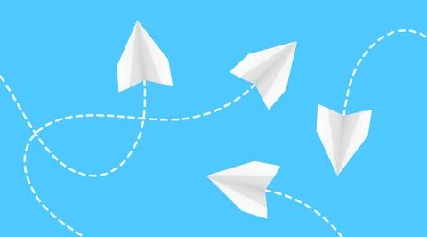 Four white paper planes flying with dashed paths on bright blue background 스톡 일러스트