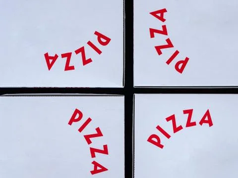 Four white pizza boxes with red letters. Stock Photos