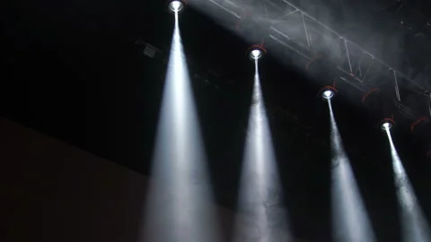 Four white projectors on the stage lights farm. Bright shiny stage lights Stock Footage 160710747
