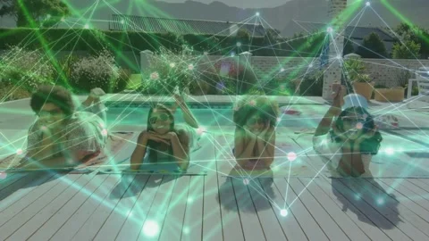 Four women lying on pool deck, animated green network overlay moving, causing Stock Footage 333220950
