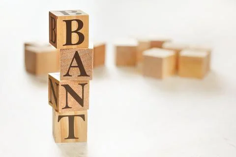 Four wooden cubes arranged in stack with letters BANT (acronym for Budget Aut 스톡 사진
