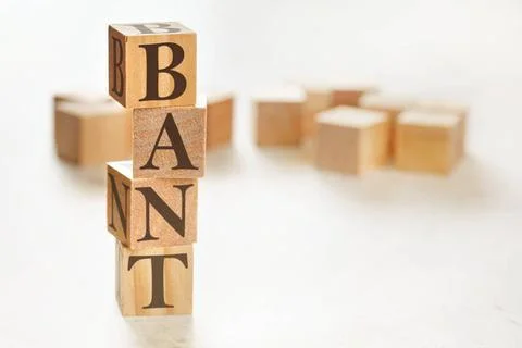 Four wooden cubes arranged in stack with letters BANT (acronym for Budget ... 스톡 사진