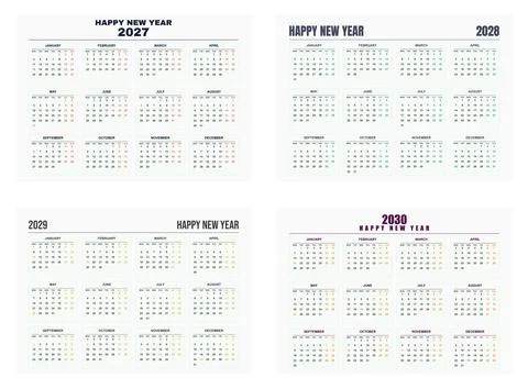 Four year calendar planner template for 2027 to 2030 annual schedule planni.. Stock Illustration