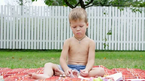 A four year old boy playing with plasticine in the garden, sitting on a blanket Stock Footage 80440082