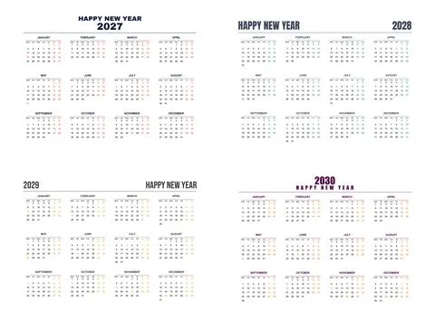 Four year printable calendar grid for 2027 through 2030 with monthly planni.. Ilustração Stock