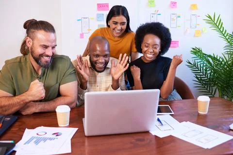 Four young members of tech start up join video call, group meeting, smiling Stock Photos