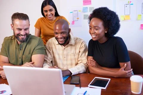 Four young members of tech start up join video call, group meeting, smiling Stock Photos