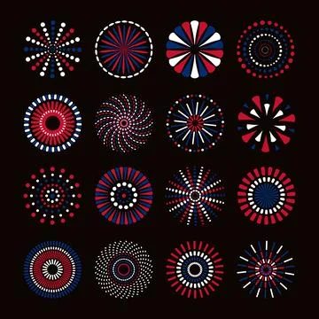 Fourth of July blue, red, white, three color fireworks illustration isolated set イラスト素材