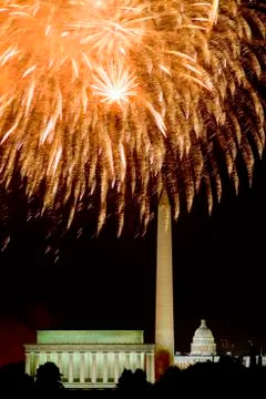 Fourth of July celebration with fireworks exploding over the Lincoln Memorial, Stock Photos