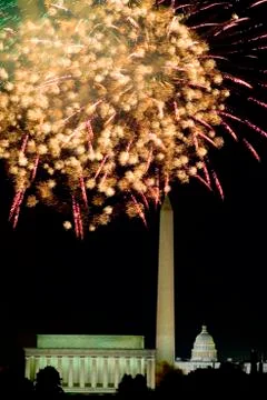 Fourth of July celebration with fireworks exploding over the Lincoln Memorial, Stock Photos