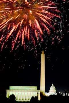 Fourth of July celebration with fireworks exploding over the Lincoln Memorial, Stock Photos