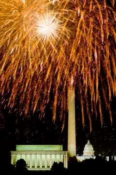 Fourth of July celebration with fireworks exploding over the Lincoln Memorial, Stock Photos