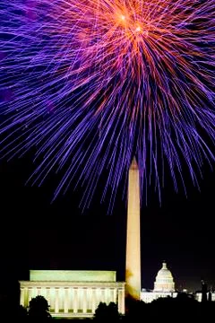 Fourth of July celebration with fireworks exploding over the Lincoln Memorial, Stock Photos