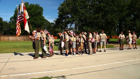 Fourth of July Double Oak Parade.  Boy Scouts troop 262 preparing for parade. Video stock 77285160