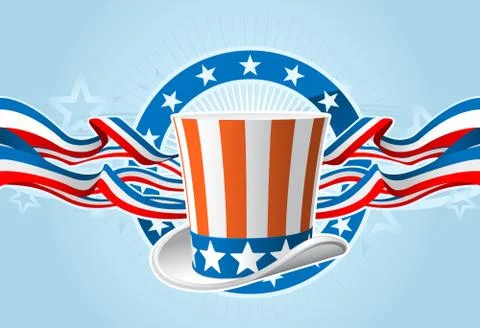 Fourth of july emblem with uncle sam top hat and ribbons Stock Illustration