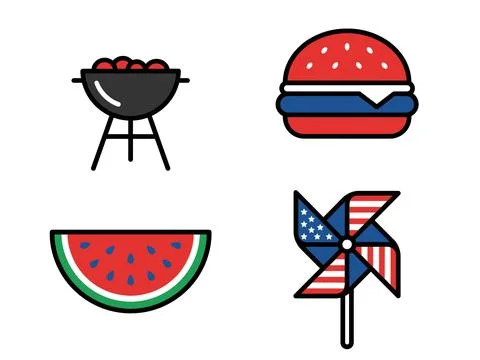 Fourth of July Icon Set with BBQ Hamburger Watermelon Ilustração Stock