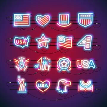 Fourth of July Neon Signs Stock Illustration