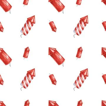 Fourth of July seamless pattern. Red firecrackers and fireworks bursts Stock Illustration