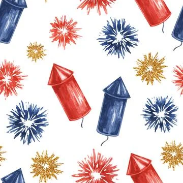 Fourth of July seamless pattern. Red, Blue, firecrackers and fireworks bursts Stock Illustration