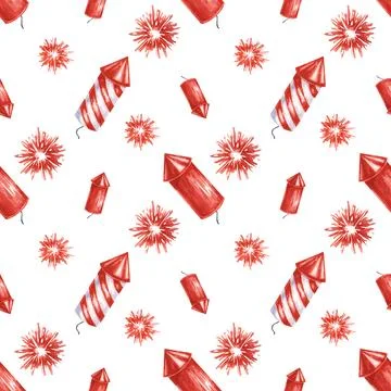 Fourth of July seamless pattern. Red firecrackers and fireworks bursts Stock Illustration