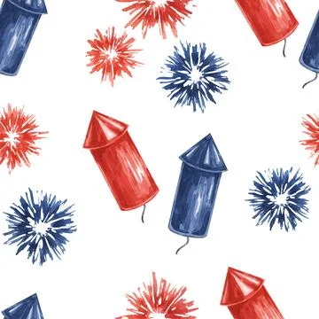Fourth of July seamless pattern. Red, Blue, firecrackers and fireworks bursts Illustrazione stock