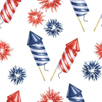 Fourth of July seamless pattern. Red, Blue, firecrackers and fireworks bursts Stock Illustration