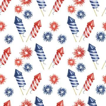Fourth of July seamless pattern. Red, Blue, firecrackers and fireworks bursts Stock Illustration