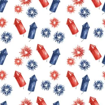 Fourth of July seamless pattern. Red, Blue, firecrackers and fireworks bursts Stock Illustration