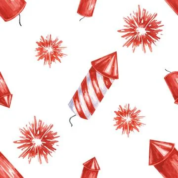 Fourth of July seamless pattern. Red firecrackers and fireworks bursts Illustrazione stock