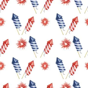 Fourth of July seamless pattern. Red, Blue, firecrackers and fireworks bursts Stock Illustration