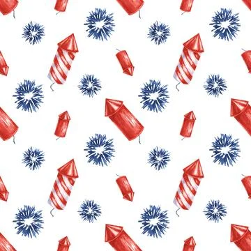 Fourth of July seamless pattern. Red, Blue, firecrackers and fireworks bursts Stock Illustration