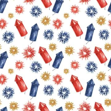 Fourth of July seamless pattern. Red, Blue, firecrackers and fireworks bursts Stock Illustration