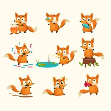 Fox Activities with different emotions. Vector Illustration Set Illustrazione stock