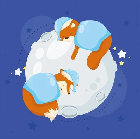 Fox and bear sleeping in fullmoon Stock Illustration